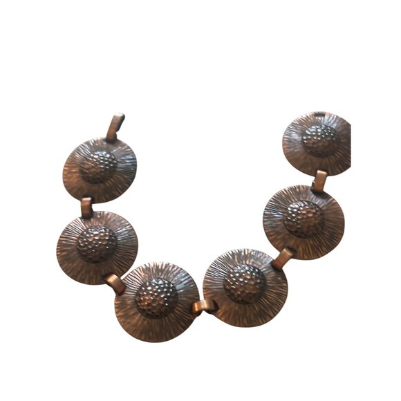 Vintage Copper Sunburst Sunflower Design Bracelet Articulated Hook Clasp 6.75" - Picture 4 of 5